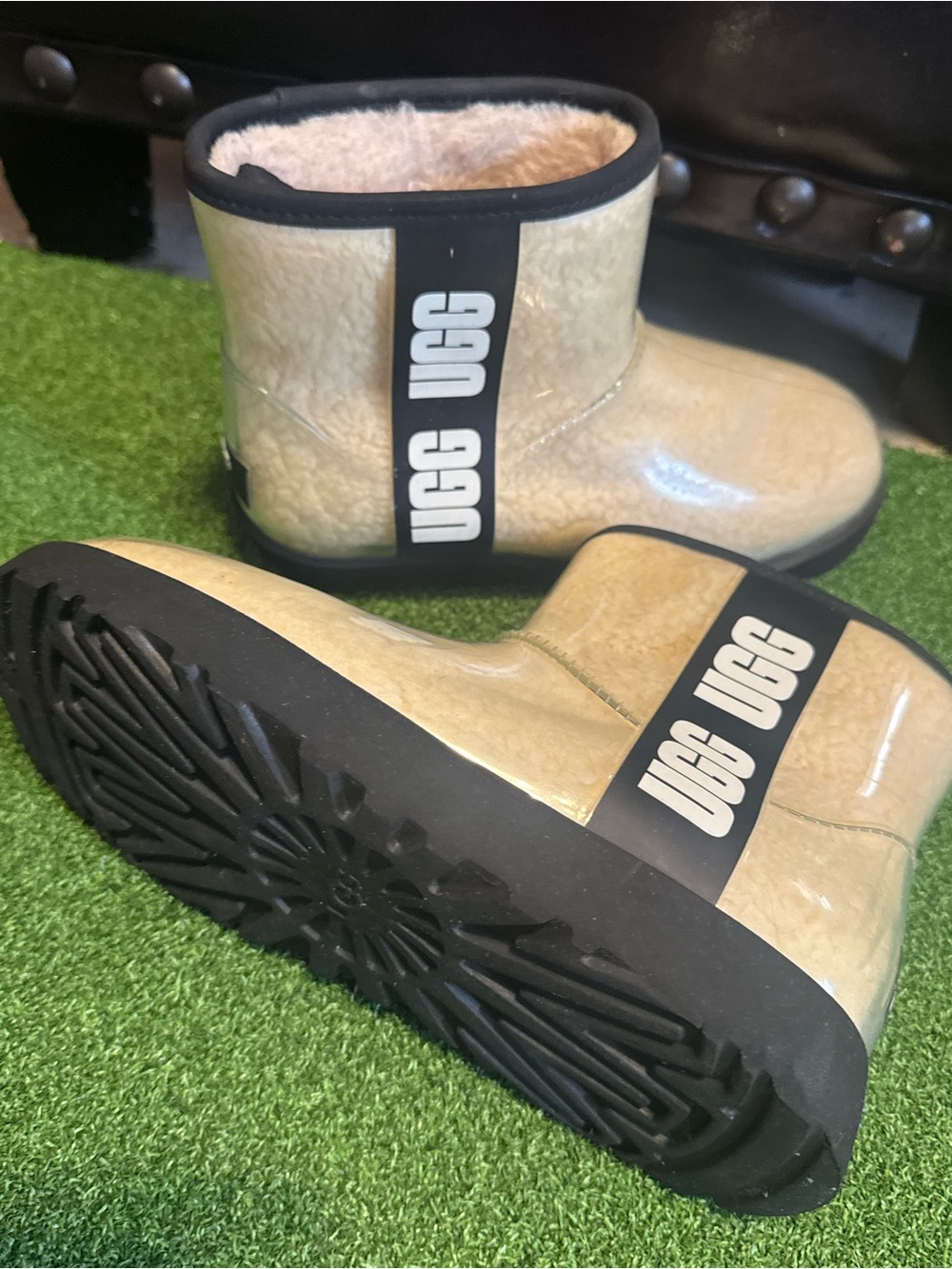 UGG Short Glossy Shearling Boots in Beige and Black